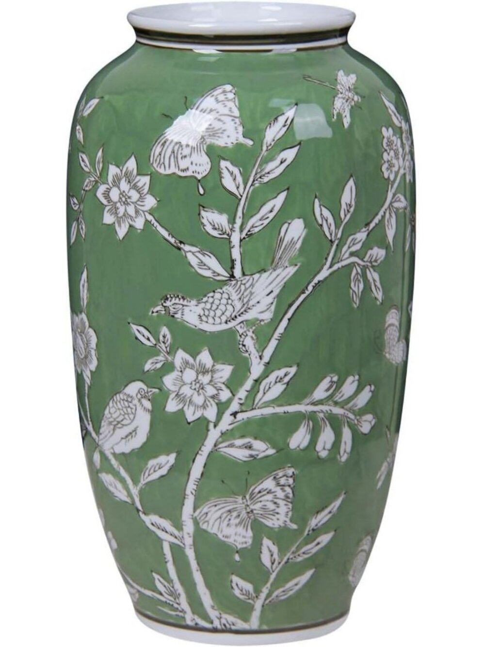 14" Hand-Painted Ceramic Chinoiserie Vase - Floral-Bird Art for Home Decor